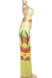 Yellow Sexy Print Backless Spaghetti Strap Sling Dresses