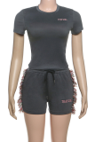 Black Casual Letters Fringed Trim O Neck Short Sleeve Two Pieces