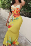Yellow Sexy Print Backless Spaghetti Strap Sling Dresses