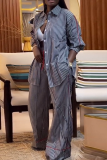 Deep Blue Casual Stripe Buckle Turndown Collar Long Sleeve Two Pieces