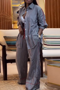Deep Blue Casual Stripe Buckle Turndown Collar Long Sleeve Two Pieces
