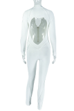 White Casual Hollow Out Zipper Zipper Collar Skinny Jumpsuits