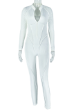 White Casual Hollow Out Zipper Zipper Collar Skinny Jumpsuits