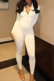 White Casual Hollow Out Zipper Zipper Collar Skinny Jumpsuits