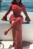 Red Sexy Print Ruched O Neck Irregular Dresses