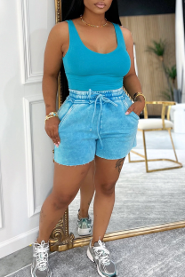 Blue Casual Solid Color Draw String Pocket U Neck Sleeveless Two Pieces