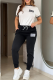 White Black Casual Letters Draw String O Neck Short Sleeve Two Pieces