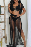 Black Sexy Solid Color Hollow Out Halter Short Sleeve Two Pieces