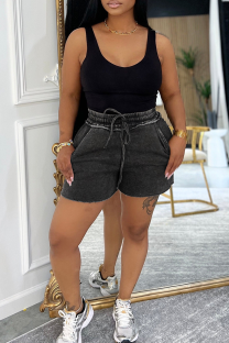 Black Casual Solid Color Draw String Pocket U Neck Sleeveless Two Pieces