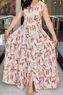 Cream White Elegant Print With Belt Turndown Collar Long Dresses