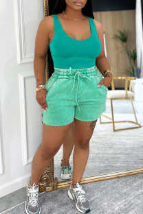 Green Casual Solid Color Draw String Pocket U Neck Sleeveless Two Pieces