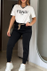White Black Casual Letters Draw String V Neck Short Sleeve Two Pieces