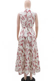 Cream White Elegant Print With Belt Turndown Collar Long Dresses