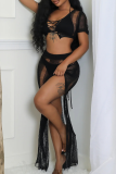 Black Sexy Solid Color Hollow Out Halter Short Sleeve Two Pieces