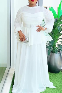 White Elegant Solid Color With Belt Flounce O Neck Long Plus Size Dresses
