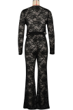 Black Casual Solid Color Strap Design V Neck Long Sleeve Two Pieces