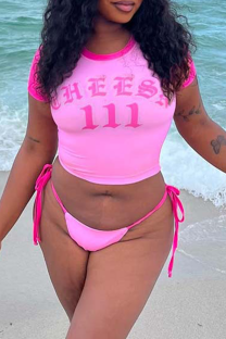 Pink Sexy Print Strap Design O Neck Short Sleeve Two Pieces