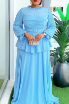 Light Blue Elegant Solid Color With Belt Flounce O Neck Long Plus Size Dresses