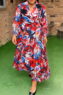 Red Casual Print With Belt Pleated Turndown Collar Long Plus Size Dresses