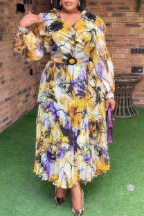 Yellow Casual Print With Belt Pleated Turndown Collar Long Plus Size Dresses
