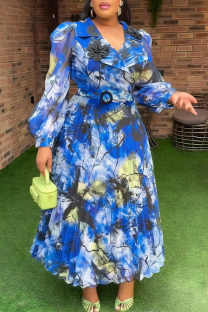 Blue Casual Print With Belt Pleated Turndown Collar Long Plus Size Dresses