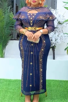 Deep Blue Elegant Solid Color Hollow Out Hot Drill O Neck Long Plus Size Dresses