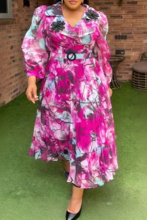 Pink Casual Print With Belt Pleated Turndown Collar Long Plus Size Dresses