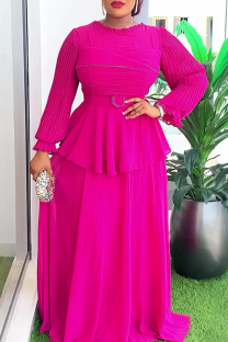 Rose Red Elegant Solid Color With Belt Flounce O Neck Long Plus Size Dresses