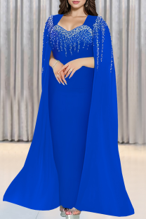Blue Celebrities Prom Solid Color Hot Drill Asymmetrical Collar Long Dresses