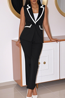 Black Casual Solid Color Buttons Turndown Collar Sleeveless Two Pieces