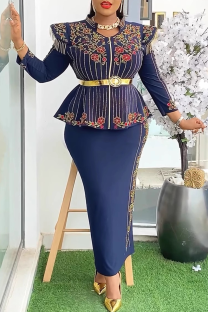 Deep Blue Elegant Print Fringed Trim With Belt Zipper Asymmetrical Collar Plus Size Two Pieces