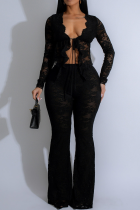 Black Casual Solid Color Strap Design V Neck Long Sleeve Two Pieces