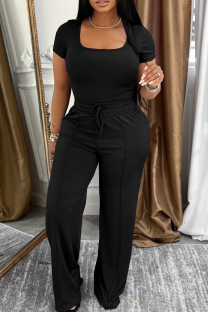 Black Casual Solid Color Draw String Square Neck Short Sleeve Two Pieces