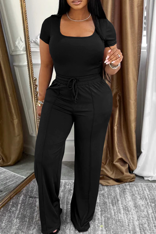 Black Casual Solid Color Draw String Square Neck Short Sleeve Two Pieces
