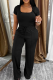 Black Casual Solid Color Draw String Square Neck Short Sleeve Two Pieces