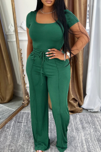Green Casual Solid Color Draw String Square Neck Short Sleeve Two Pieces