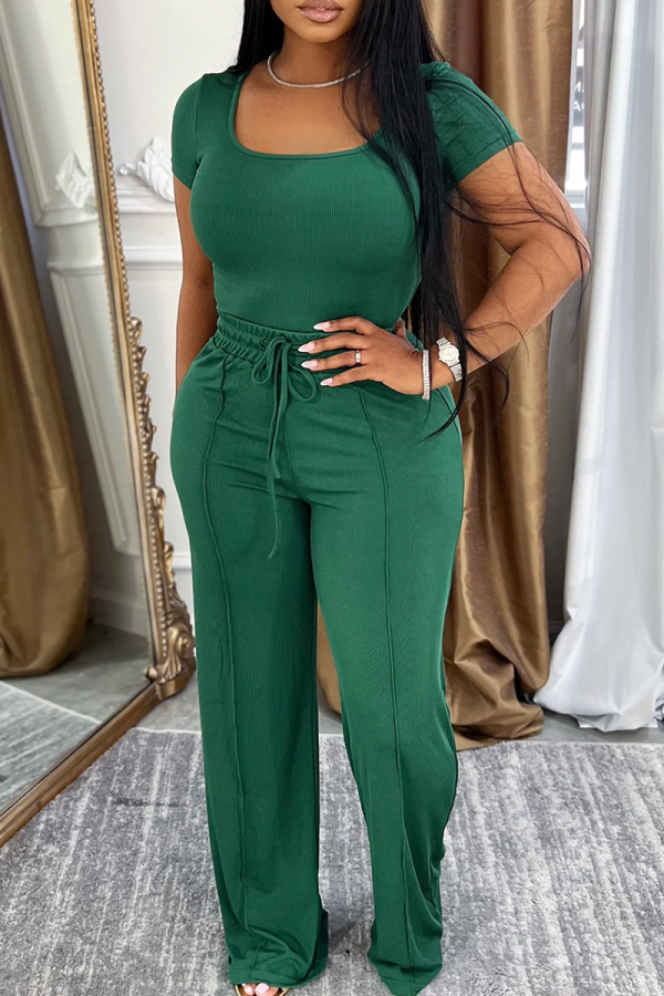 Green Casual Solid Color Draw String Square Neck Short Sleeve Two Pieces