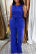 Deep Blue Casual Solid Color Draw String Pocket O Neck Sleeveless Two Pieces