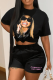 Black Casual Print Patchwork O Neck Short Sleeve Two Pieces