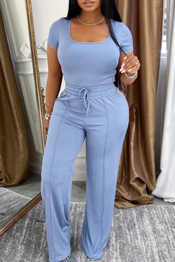 Blue Casual Solid Color Draw String Square Neck Short Sleeve Two Pieces