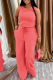 Watermelon Red Casual Solid Color Draw String Pocket O Neck Sleeveless Two Pieces