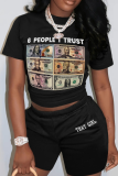 Black Casual Print Patchwork O Neck Short Sleeve Two Pieces