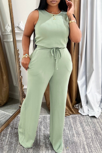 Green Casual Solid Color Draw String Pocket O Neck Sleeveless Two Pieces