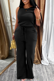 Black Casual Solid Color Draw String Pocket O Neck Sleeveless Two Pieces