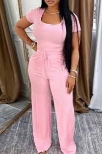 Pink Casual Solid Color Draw String Square Neck Short Sleeve Two Pieces