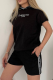Black Casual Letters Embroidered Pocket Hooded Short Sleeve Two Pieces