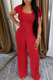 Red Casual Solid Color Draw String Square Neck Short Sleeve Two Pieces