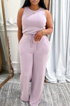 Light Purple Casual Solid Color Draw String Pocket O Neck Sleeveless Two Pieces