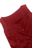 Deep Red Sexy Solid Color Buckle Slit Square Neck Sleeveless Two Pieces