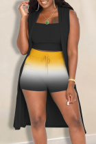 Black Casual Gradient Color Cardigan Collar Sleeveless Three Pieces